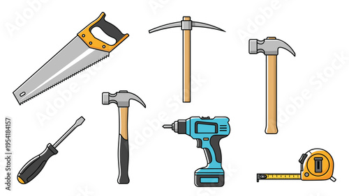 Diverse set of construction and repair hand tools including saw, hammers, screwdriver, drill, and tape measure.