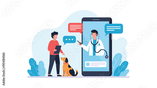 Pet owner with dog having online veterinary consultation with professional doctor via large smartphone screen.