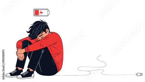 Exhausted young man sitting on floor with head down and low battery charging symbol representing burnout.