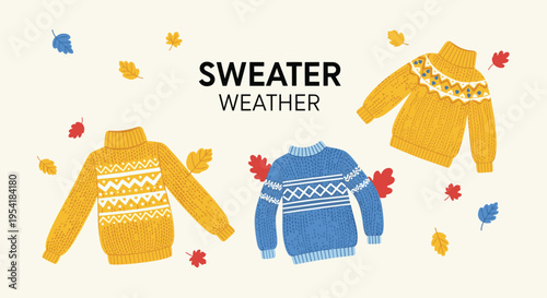 Sweater weather banner featuring three cozy knitted sweaters with different patterns, surrounded by colorful falling autumn leaves.