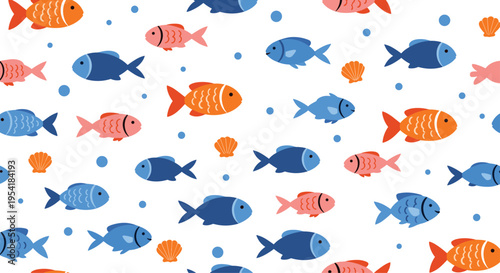 Vibrant seamless underwater pattern with cute, colorful fish and orange seashells swimming on a simple white background for kids.