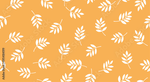 Simple seamless pattern with white leaf silhouettes scattered randomly on a solid bright orange background for a bold, modern look.