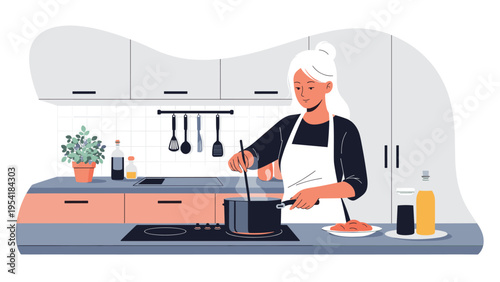 Young woman wearing white apron carefully stirring pot on stove in modern clean kitchen interior.