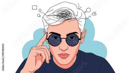 Portrait of young man with glasses and scribbled lines above head representing confusion or overthinking.