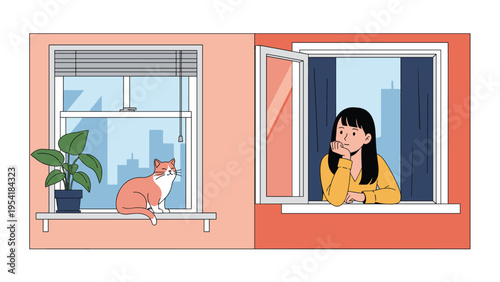 Split scene showing cat sitting on window sill in one frame and woman looking out of window in another.