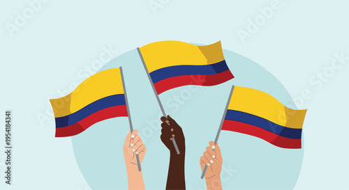 Diverse hands from different ethnicities holding and waving the national flag of Colombia, symbolizing unity and patriotism.