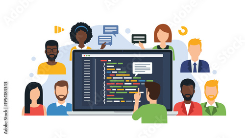 Team of diverse programmers and designers collaborating on software development project on large laptop screen.