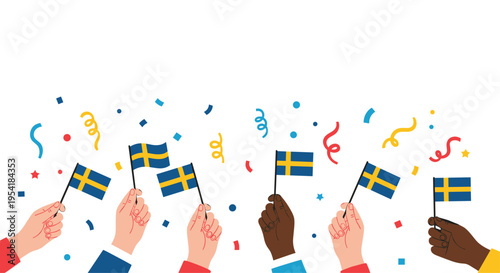 Festive celebration with diverse hands holding Swedish flags amidst colorful confetti, perfect for Sweden's National Day.
