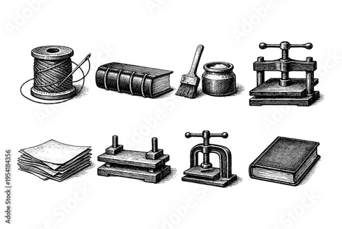 Vintage bookbinding tools and materials illustration, a collection of antique crafting equipment