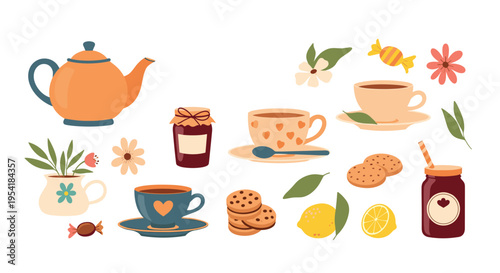 Charming collection of tea party essentials, including a teapot, teacups, cookies, jam, and lemons for a cozy afternoon.