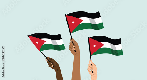 Diverse hands of different ethnicities holding and waving the national flag of Jordan, celebrating unity and national pride.