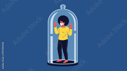 Woman wearing face mask standing inside protective glass bell jar representing social isolation and pandemic safety.