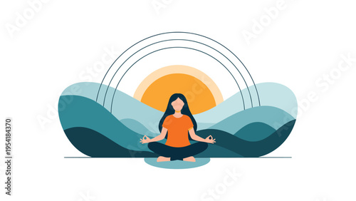 Woman practicing meditation in lotus pose against abstract landscape with setting sun and colorful rainbows.