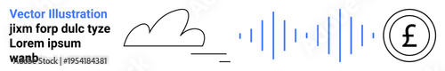 Cloud computing, digital payments, financial technology, data storage, economy visualization, soundwaves. Minimalist cloud, audio waveform and pound currency symbol. Cloud computing and digital