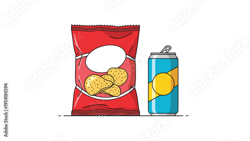 Still life illustration of red bag of potato chips next to blue soda can with yellow label on white background.