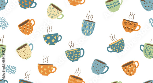 Cozy and colorful seamless pattern of various patterned coffee and tea mugs, creating a warm and inviting background design.