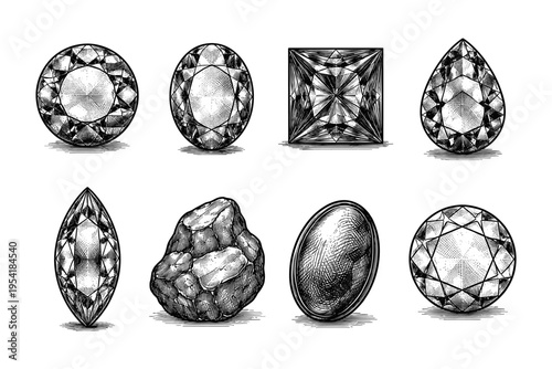 Collection of various gemstone cuts and a raw mineral specimen in vintage engraving style