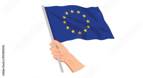 Hand holding the waving flag of the European Union, a symbol of unity, cooperation, and identity among European nations.