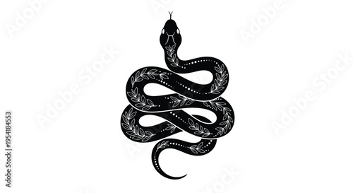 Elegant black silhouette of a coiled snake decorated with white leaves and dots, creating a mystical and bohemian design.