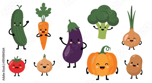 Set of nine adorable kawaii vegetable characters with happy smiling faces, perfect for promoting healthy eating for children.