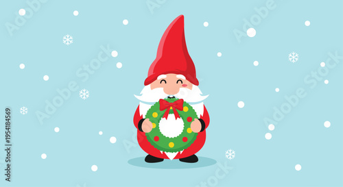 Cute Christmas gnome in a red hat holding a festive wreath, standing in a gentle snowfall on a blue winter background.
