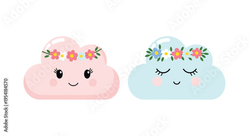 Adorable pair of cute cartoon clouds, one pink and one blue, each decorated with a lovely floral wreath and sweet facial expressions.