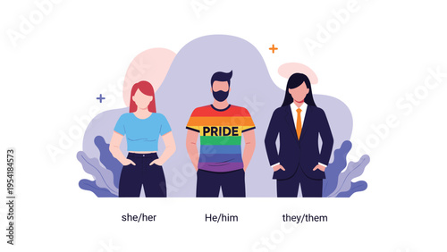 Group of diverse individuals representing gender identity and inclusivity with their preferred pronouns clearly displayed.