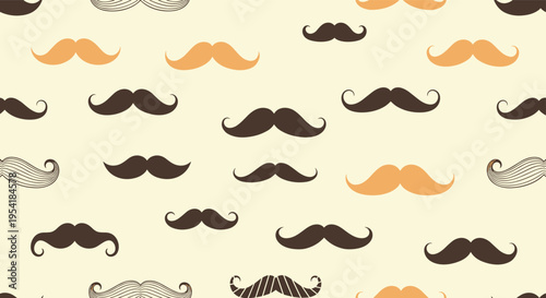 Retro seamless pattern featuring a variety of mustache styles in brown and orange tones, perfect for Father's Day or Movember.