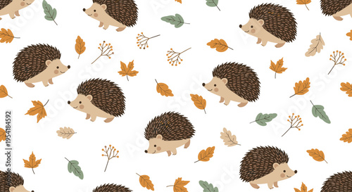 Charming seamless autumn pattern featuring cute cartoon hedgehogs walking among colorful fall leaves on a clean white background.