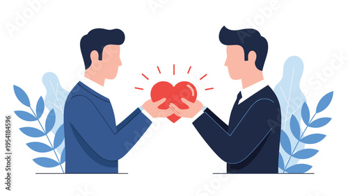 Representation of partnership and mutual care showing two business professional men holding a glowing red heart together.