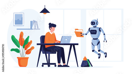 Concept of human and artificial intelligence collaboration in the workplace as a robot assists a busy office worker.