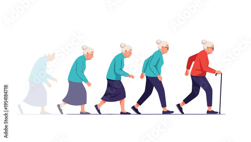 Illustration showing the stages of aging and mobility changes for a woman from middle age to her late adulthood years.