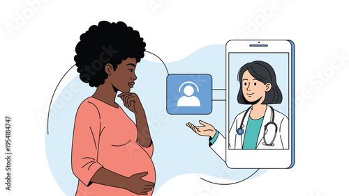 Telehealth and remote maternity care concept showing a pregnant woman consulting with a doctor via a smartphone.