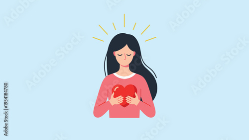 Concept of self-love, compassion, and emotional health showing a woman tenderly holding a glowing red heart to her chest.