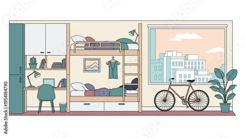 Cozy and organized student dormitory room featuring bunk beds, a study desk, a bicycle, and a beautiful city view.