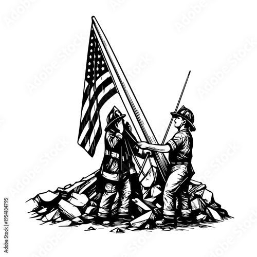 Firefighters Raising American Flag in Rubble, Woodcut Style Vector Illustration for Patriot Day and Memorial Day