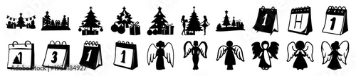 Set of Christmas icons including trees, gifts, calendars, and angels, perfect for holiday designs and winter celebrations.
