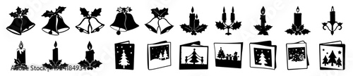Set of black and white Christmas icons with bells, holly, candles, and festive greeting cards, vector art.