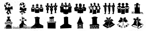 Black and white Christmas icons including candy canes, carolers, chimneys, and bells, vector graphic set.