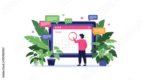 Efficient time management and project planning concept as a person organizes events on a large digital wall calendar.