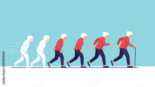 Evolution of aging sequence showing a woman transitioning from youth to senior years with a walking cane in her hand.
