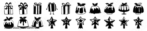 Variety of hand-drawn Christmas icons showcasing gift boxes, festive puddings, and star toppers for holiday celebrations.