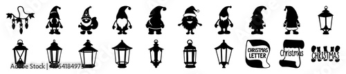 Christmas gnome and lantern SVG bundle, black silhouette holiday icons, 20 winter garden gnome and vintage lamp elements for laser cutting