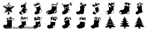 Collection of hand-drawn Christmas icons including festive stockings filled with gifts, and silhouette Christmas trees.