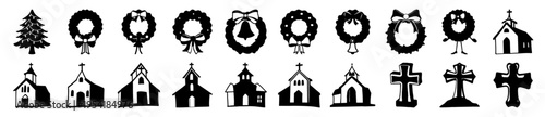 Christmas church and wreath icons set, 20 black silhouette holiday elements, religious chapel and christian cross vector graphics