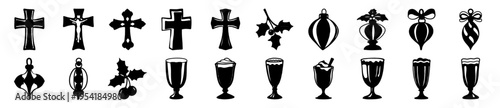 Vintage Christmas icons set, black silhouette religious crosses and holiday ornaments, 22 decorative winter elements in SVG format
