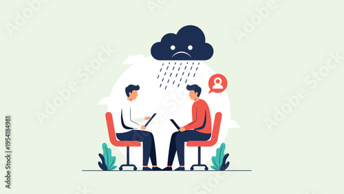 Concept of sadness, depression, or a difficult conversation showing two people sitting together under a dark rain cloud.