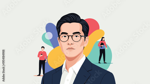 Confident and professional man in a suit with a background representing a diverse and dynamic global business network.