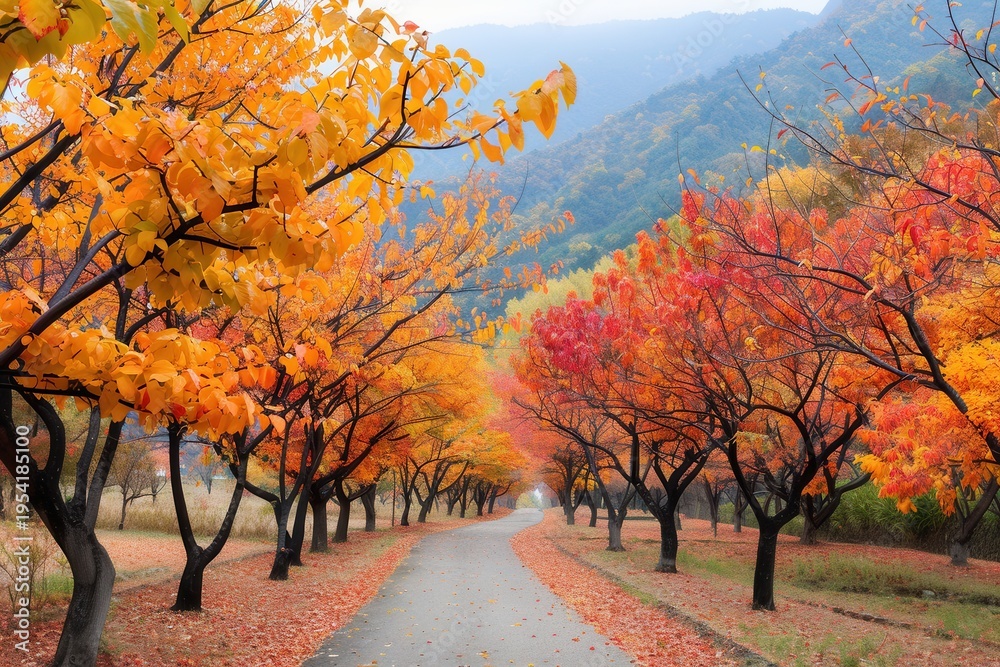 Fototapeta premium Orange/red trees frame a path through a leafy valley, distant mountains under soft light. Professional, dry tone.