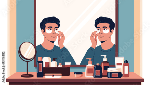 Young man in a blue shirt standing in front of a vanity mirror applying white under-eye patches as part of his daily skincare routine.